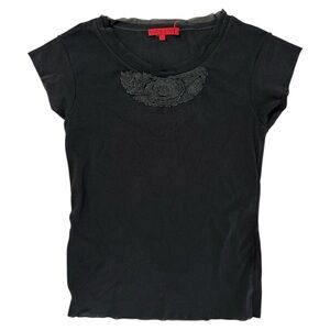 Vivienne Tam Cap Sleeve Double Mesh Floral Appliqué Baby Tee in Black Size Small